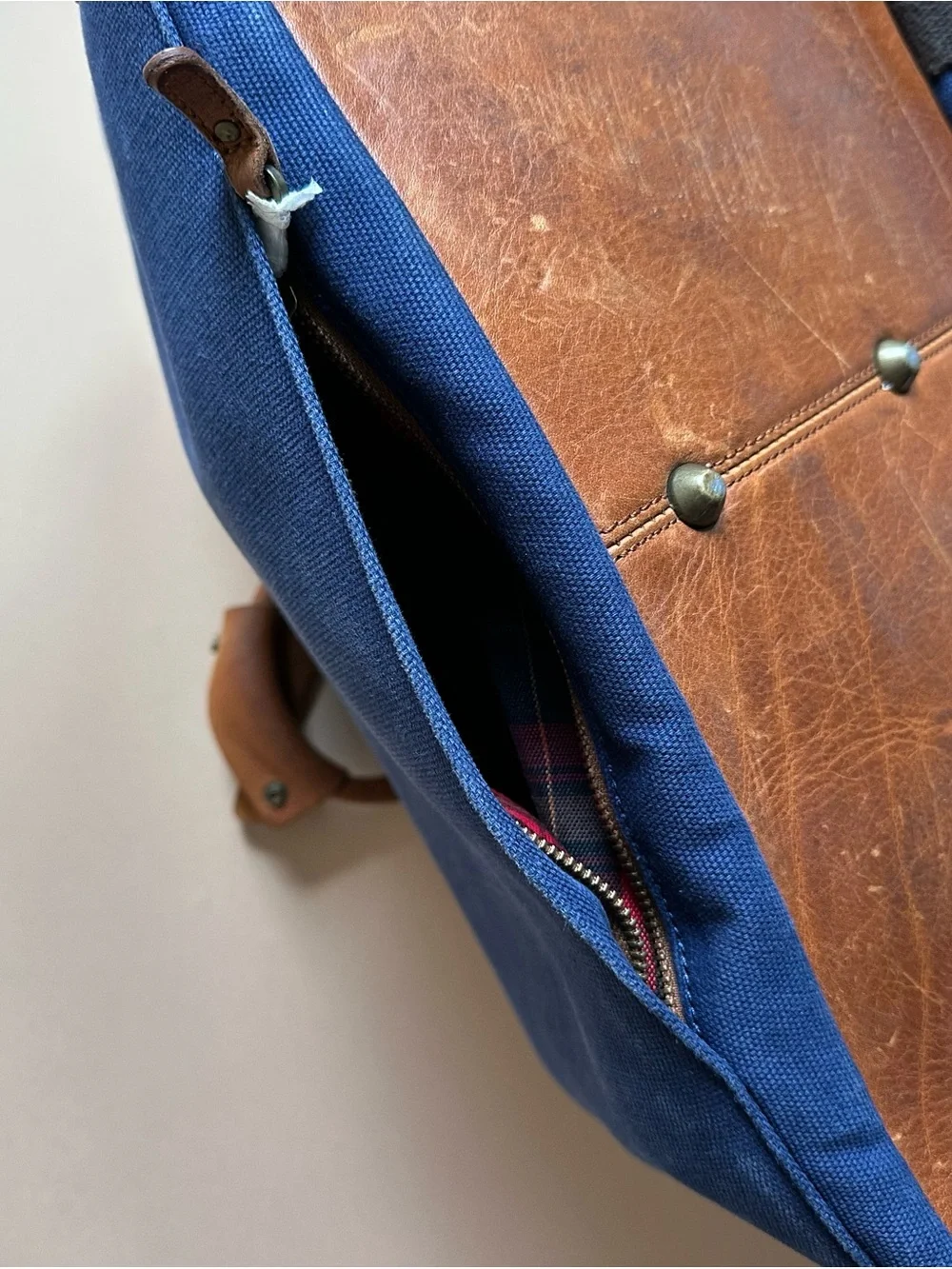 Will Leather Goods Blue Canvas Leather Duffel Bag Shoulder Strap Travel